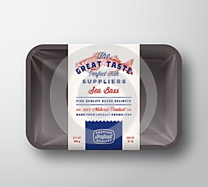 Great Taste Fish Suppliers Abstract Vector Rustic Packaging Design Label on Plastic Tray with Cellophane Cover. Retro