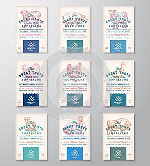 Great Taste Perfect Meat and Poultry. Abstract Vector Meat Packaging Design Banners or Labels Collection. Retro