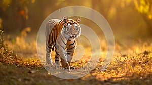 Great tiger male in the nature habitat. Tiger walk during the golden light time. Generative Ai