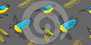 Great tit bird seamless vector pattern in blue and yellow colors with grain, wheatear. Graine from Ukraine concept. One