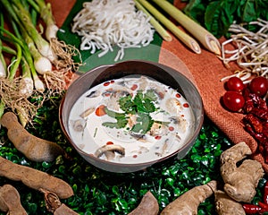 Great Tom Kha served on a brown plate