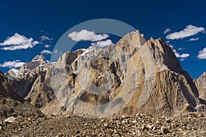 Great Trango tower and Cathedral tower cliff at Khobutse camp, K