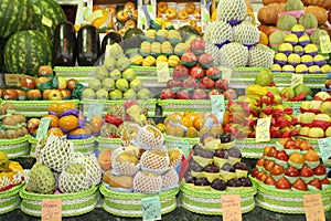 Great variety of fruits arranged in an orderly manner on a market