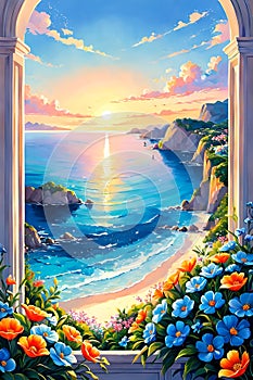 A great view of a blue sea in a breezy morning, bathed in sunrise, flowers, rocks, hill, painting art