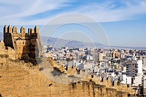 Great view of the historical Alcabaza de AlmerÃ­a, a fortified complex construction of the defensive citadel, in Almeria,