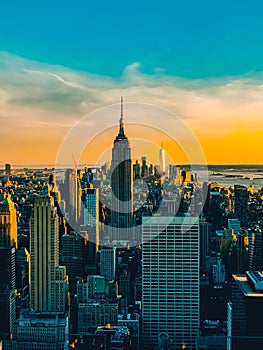 Great view of NYC skyline from Top of the Rock Observation Deck. Wide view. Daytime.