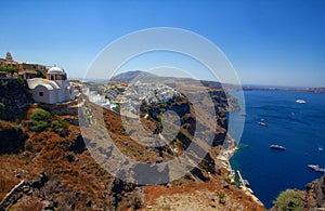 Great view panorama of the city of Thira on the island of Santorini Greece during a beautiful sunrise