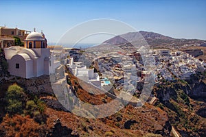 Great view panorama of the city of Thira on the island of Santorini Greece during a beautiful sunrise