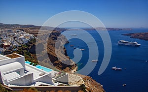 Great view panorama of the city of Thira on the island of Santorini Greece during a beautiful sunrise