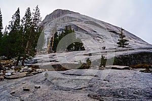 Great vistas of massive granite monoliths El Capitan seen from Yosemite Valley floor in Yosemite National Park, California