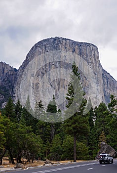 Great vistas of massive granite monoliths El Capitan seen from Yosemite Valley floor in Yosemite National Park, California