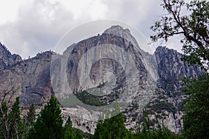 Great vistas of massive granite monoliths El Capitan seen from Yosemite Valley floor in Yosemite National Park, California