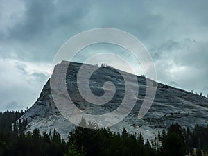 Great vistas of massive granite monoliths El Capitan seen from Yosemite Valley floor in Yosemite National Park, California