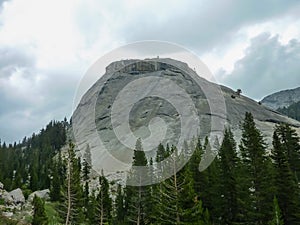 Great vistas of massive granite monoliths El Capitan seen from Yosemite Valley floor in Yosemite National Park, California