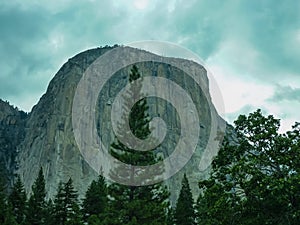 Great vistas of massive granite monoliths El Capitan seen from Yosemite Valley floor in Yosemite National Park, California