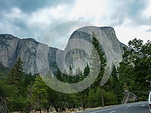 Great vistas of massive granite monoliths El Capitan seen from Yosemite Valley floor in Yosemite National Park, California