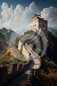 The Great Wall of China against a Blue Sky and White Clouds