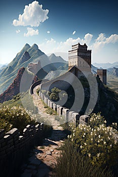 The Great Wall of China against a Blue Sky and White Clouds