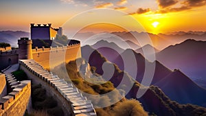 The Great Wall of China, Badaling section. A magical sunset over the Great Wall of China