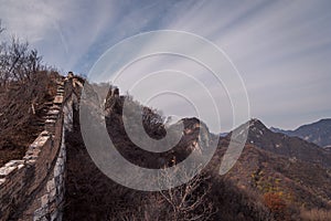 The Great Wall of China climbing high into the mountains of Jiankou, China.