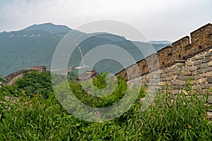 Great Wall of China, green plants, unique point of view,  saturated colors, seen from long distance