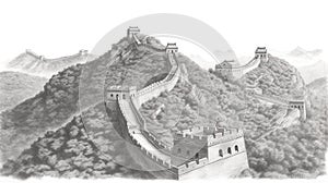 The Great Wall of China illustration in black and white pencil sketch - made with Generative AI tools