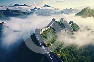 The Great Wall of China in the morning with fog and clouds, The Great Wall of China in the mist , lying long, surrealist view from