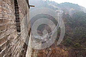 The great wall of china in the mountains near the city of Beijing.