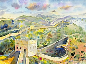 The Great Wall of China at Mutianyu. Watercolor painting