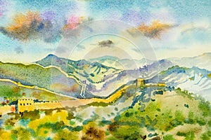 The Great Wall of China at Mutianyu. Watercolor painting