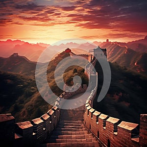 The Great Wall of China outside Beijing at sunset