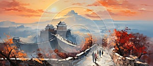 The Great Wall of China at sunrise in autumn season, Panorama. Digital oil color painting
