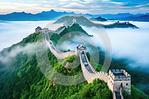 Great Wall of China at sunrise, panoramic view of China, The Great Wall of China in the mist , lying long, surrealist view from