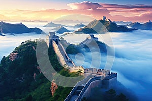 The Great Wall of China at sunrise,panoramic view, The Great Wall of China in the mist , lying long, surrealist view from drone