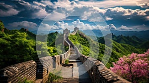 The Great Wall of China at sunset,panoramic view. Generative AI