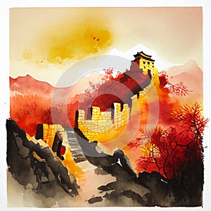 Great Wall of China Watercolour Skyline Silhouette Landmark Tourism Generative AI