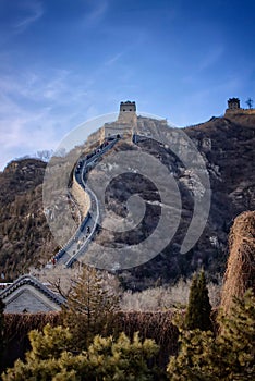 The Great Wall of China in winter. The Badaling area. China famous landmark.