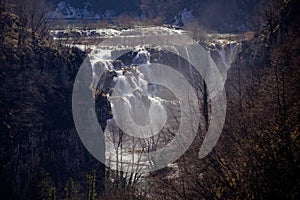 Great waterfall in Plitvice national park canyon