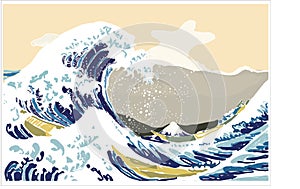 `The Great Wave in Kanagawa`, also known as the Great Wave. Black and white drawing