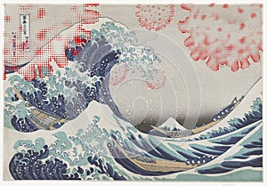 The Great Wave off Kanagawa against coronavirus background photo