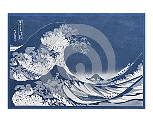 The Great Wave off Kanagawa vintage illustration wall art print and poster remix from original painting by Katsushika Hokusai photo