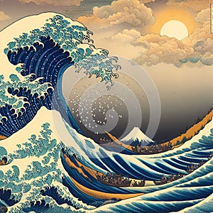 The great waves acrylic art, Hokusai style, mount Fuji, sun, clouds, digital art photo