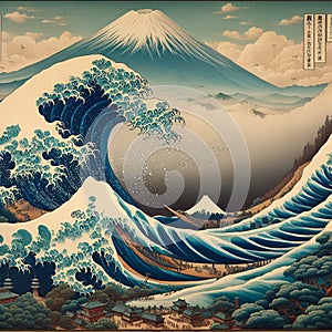 The great waves of Kanagawa, in Hokusai style, mount Fuji view, acrylic art