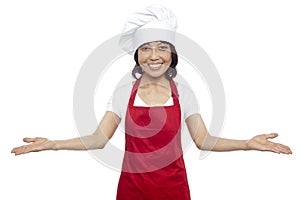 Great welcome by experienced asian female chef photo