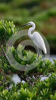 A Great White Egret is perched on a tree branch