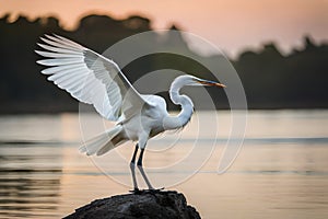 Great White Heron Ardea cinerea in the water with open wings