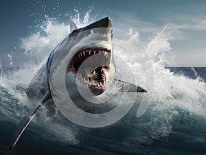 Great White Shark breaching in an