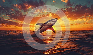 Great white shark breaching at sunset over ocean waves with dramatic clouds