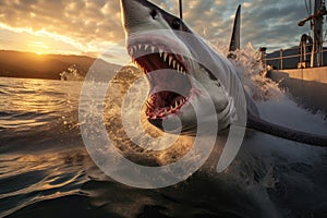 great white shark breaching water near a boat