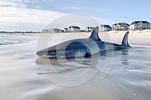 Great White Shark (Carcharodon carcharias) at the beach. Generative AI